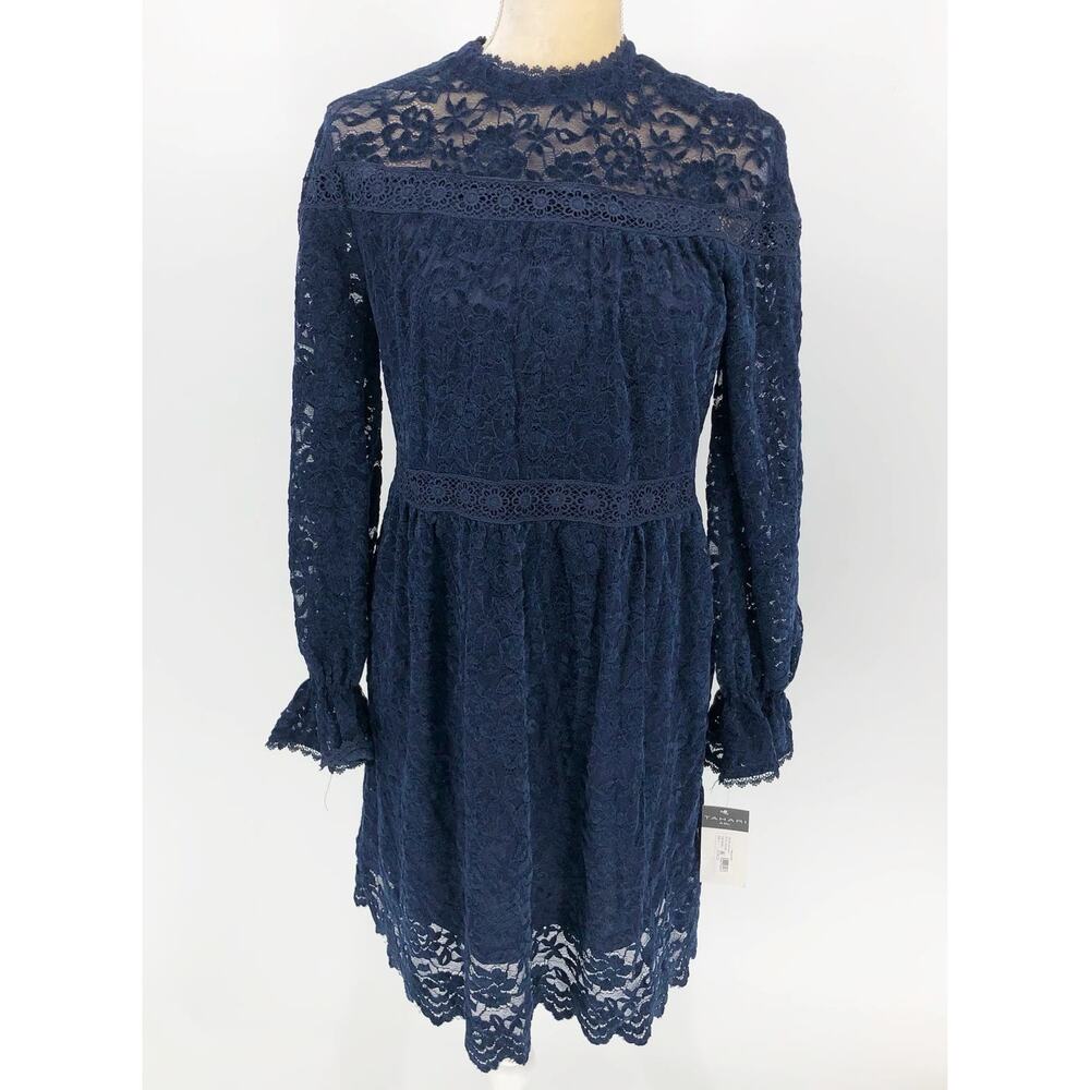 Tahari ASL Womens Chenile Lace Dress SIZE 4 Blue Long Sleeve Mock Neck NWT - Picture 3 of 13